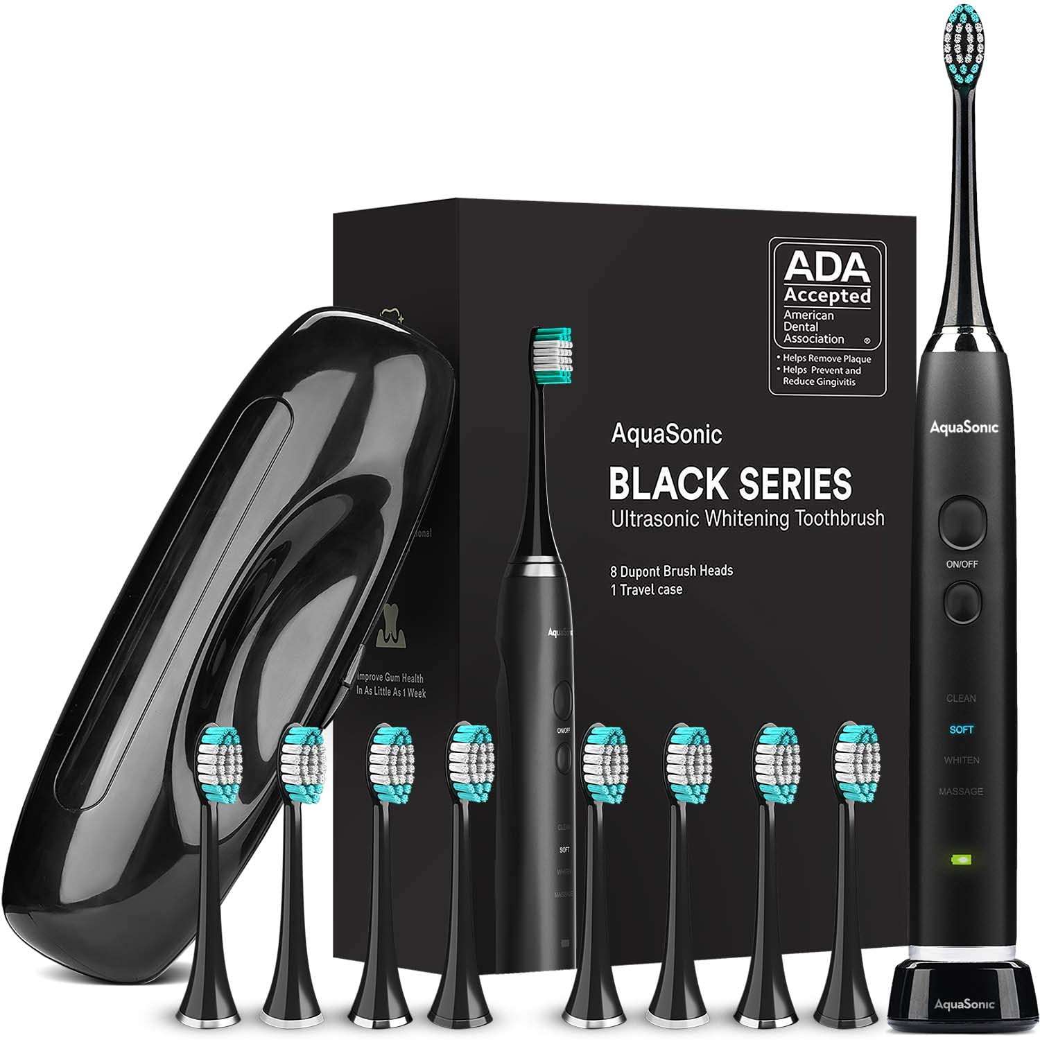 Amazon.com: AquaSonic Black Series Ultra Whitening Toothbrush – ADA Accepted Electric Toothbrush - 8 Brush Heads & Travel Case - Ultra Sonic Motor & Wireless Charging - 4 Modes w Smart Timer -